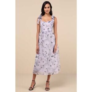 NWT Lulus Prettiest Invite Lavender Floral Organza Tie-Strap Midi Dress Size L